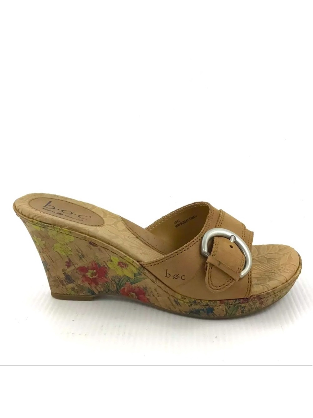 BORN Tan Floral Print Wedge Sandal with Silver Buckle 3.5” Heel